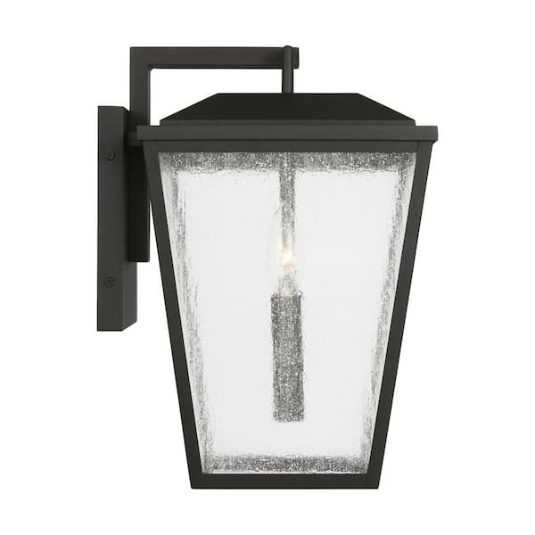 SCOTT LIVING - Kennewick 9 in. W x 13.75 in. H 2-Light Textured Black Outdoor Wall Lantern with Distressed Seeded Glass Shade