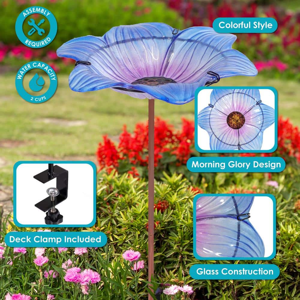 Blue Glass Flower Bird Bath with Copper Stake and Black Clamp