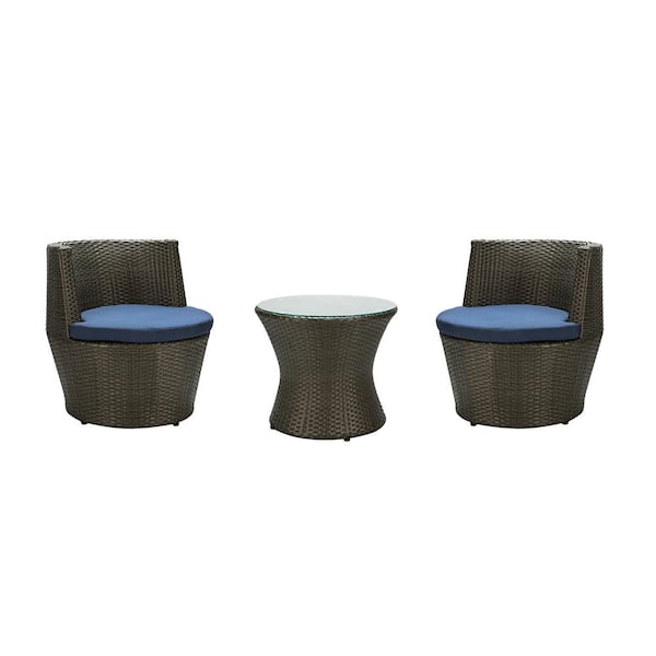 Willit Dark Brown 3-Piece Wicker Round Short Outdoor Bistro Set with Navy Cushion