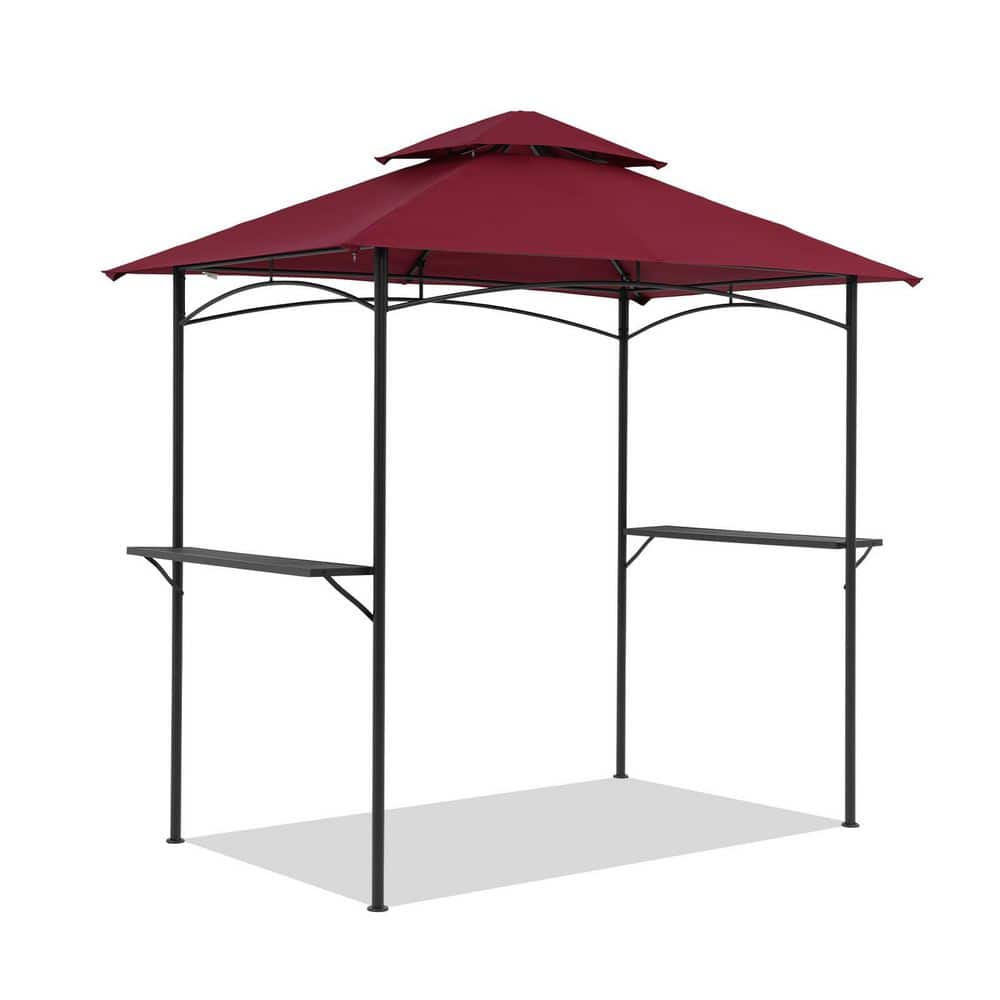 8 ft. x 5 ft. Red Patio Double-Tier Soft Top Barbecue Grill Gazebo Tent with Steel Frame and Bar Counters