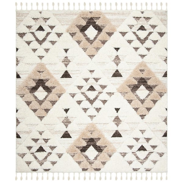 Moroccan Tassel Shag Ivory/Brown 11 ft. x 11 ft. High-Low Geometric Fringe Square Area Rug
