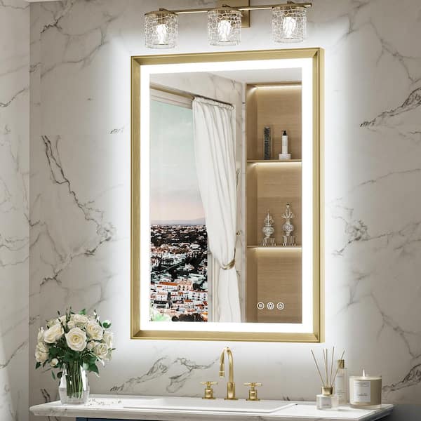 KeonJinn 24 in. W x 36 in. H Rectangular Framed LED Lighted Bathroom Vanity Mirror with Light in Gold with Backlit and Anti-Fog