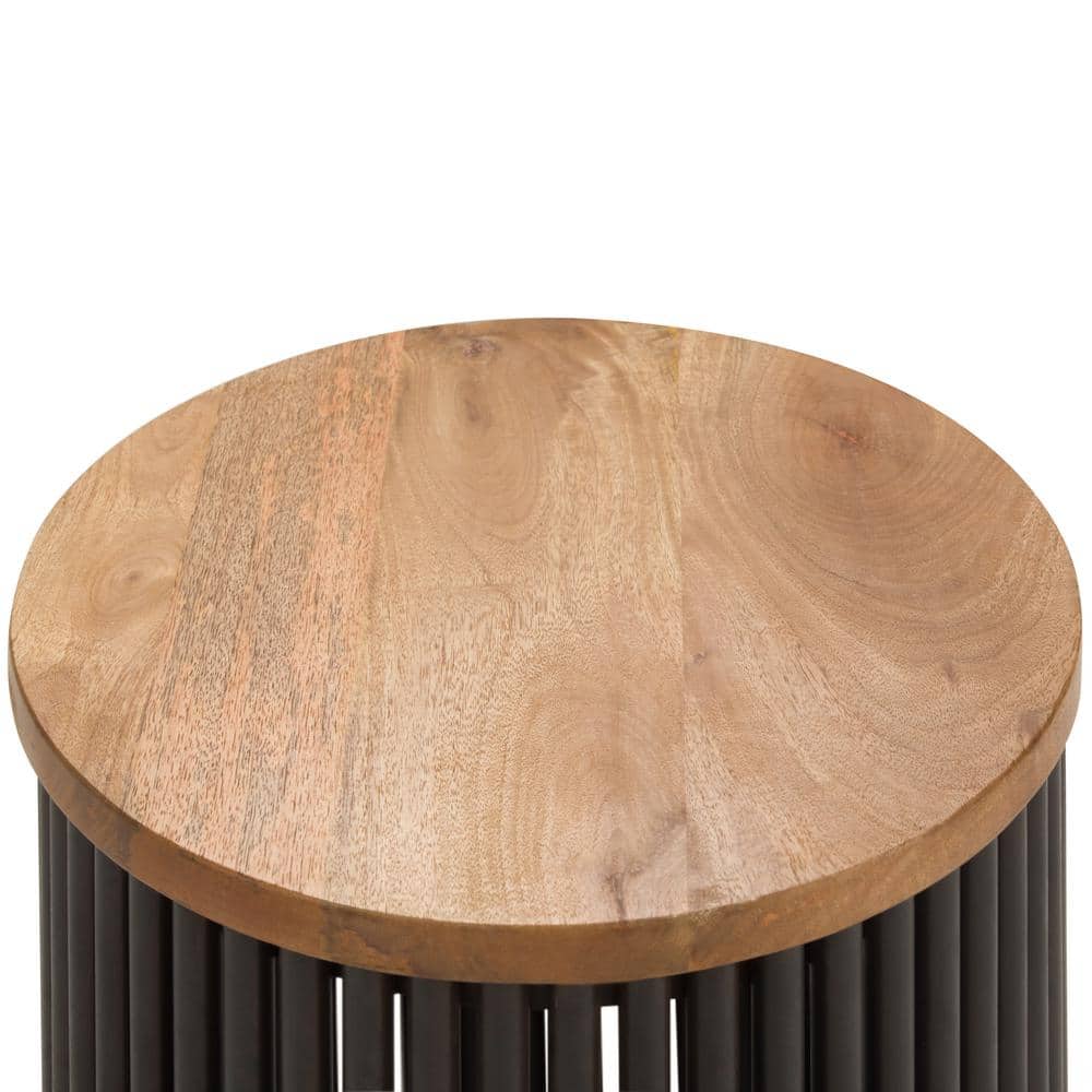 Demy Industrial Round Metal and Wood 18" Accent Side Table in Natural Black