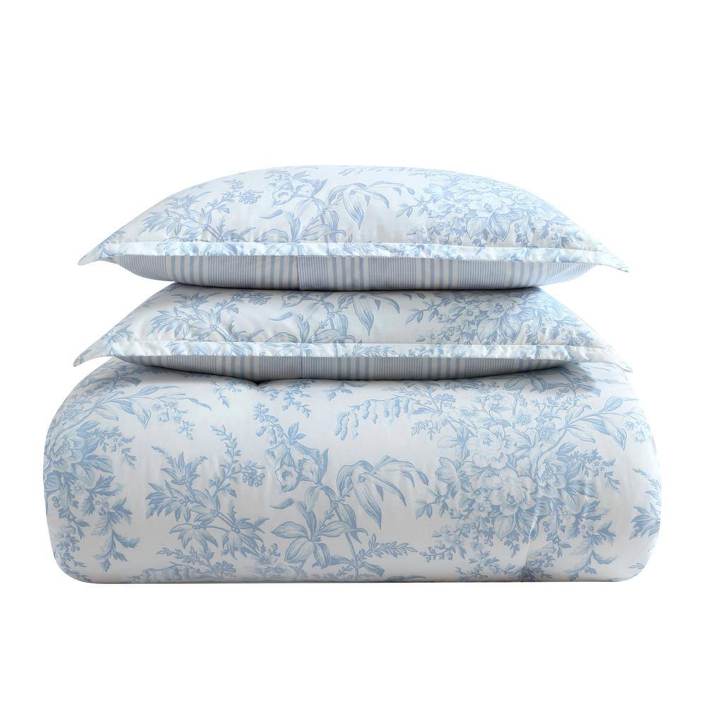 Blue Floral Cotton Twin Reversible Comforter Set with Shams