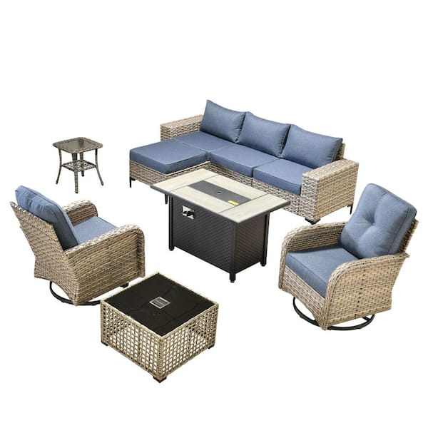 Verano 9-Piece Wicker Outdoor Patio Conversation Sofa Swivel Chairs Set with Metal Fire Pit and Denim Blue Cushions