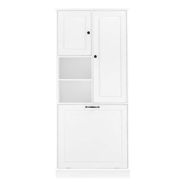 29.9 in. W x 14.2 in. D x 67.7 in. H White Linen Cabinet with Adjustable Shelves, Large Flip-Out Basket