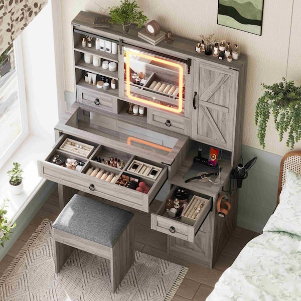 Gray Makeup Vanity Set with Sliding Mirror, Lights, Glass Top, 4 Drawers, 2 Cabinets and Stool