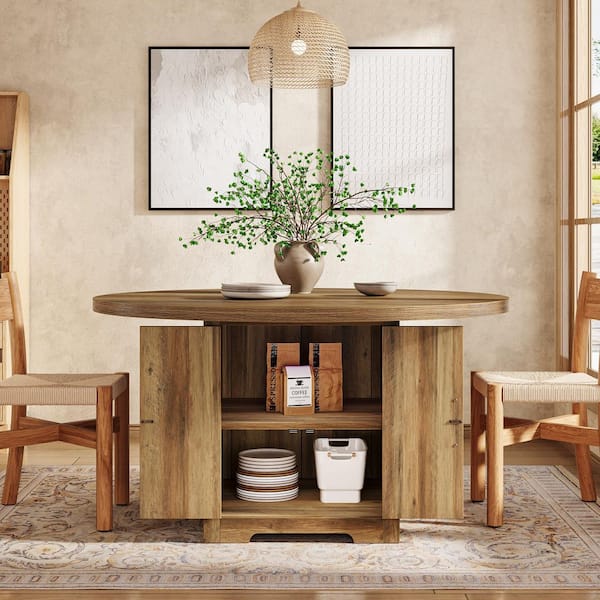 Alan 47 in. Farmhouse Brown Wood Round Pedestal Dining Table with Storage, Circle Dinner Kitchen Table Seats 4