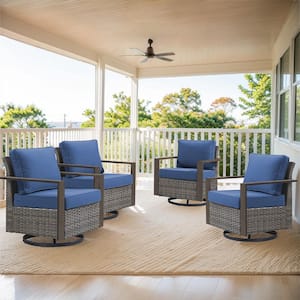 Allcot 4-Piece Patio Gray Wicker Conversation Set Outdoor Rocking Chair with CushionGuard with Blue Cushions