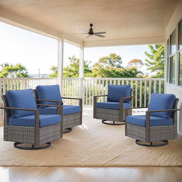 Gymojoy Allcot 4-Piece Patio Gray Wicker Conversation Set Outdoor Rocking Chair with CushionGuard with Blue Cushions