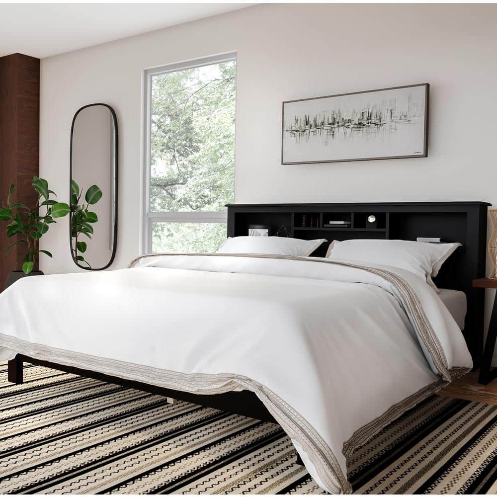 King Black Wood Bookcase Headboard with Storage