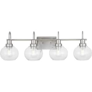 Halyn 31.375 in. 4-Light Brushed Nickel Bathroom Vanity Light with Clear Glass Shades