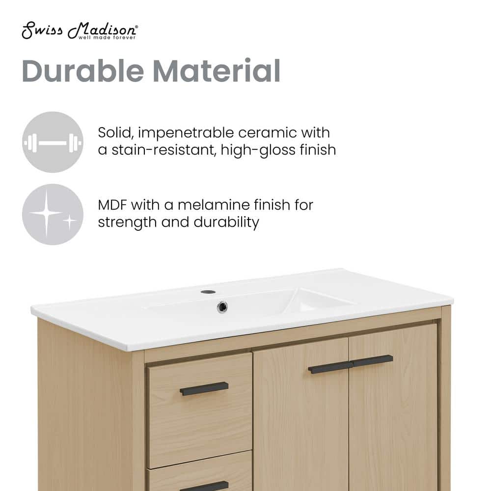 Virage 36" Light Oak MDF Freestanding Bathroom Vanity with Ceramic Top