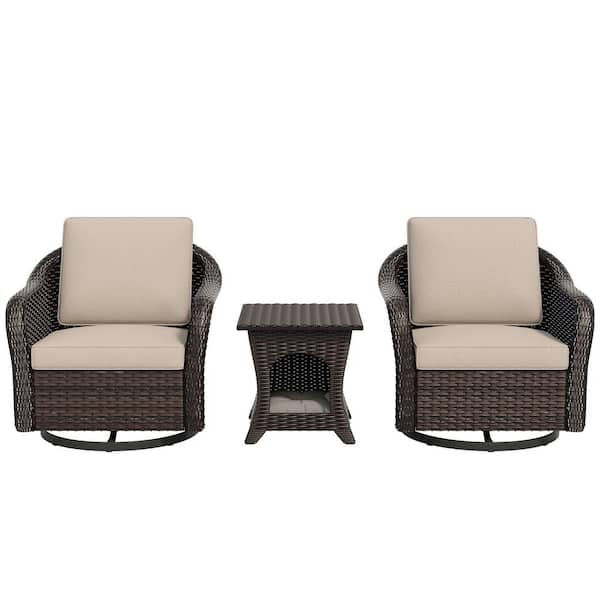 3-Piece Patio Furniture Set Outdoor Wicker Conversation with Beige Cushions and Small Pet Table