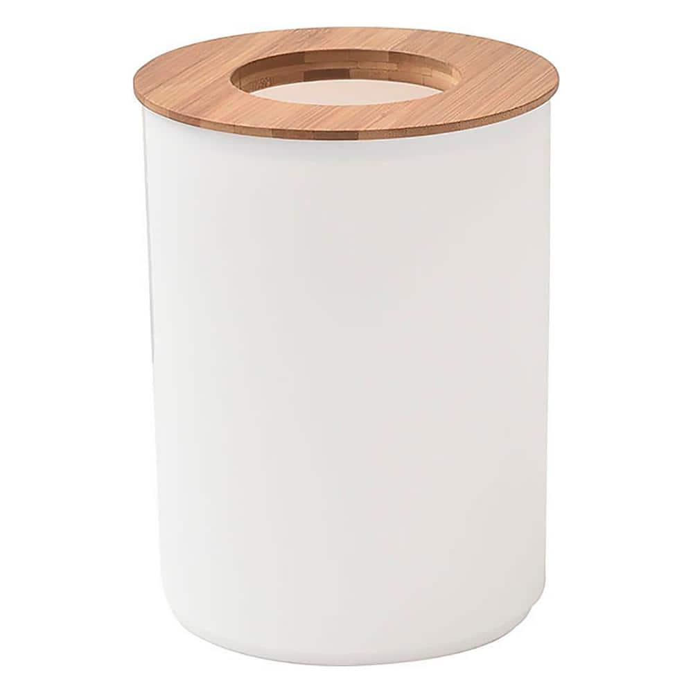 Compact White and Bamboo Bathroom Trash Can with Removable Lid