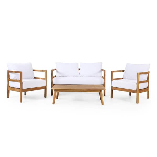 Noble House Varva Teak 4-Piece Wood Patio Conversation Set with White Cushions