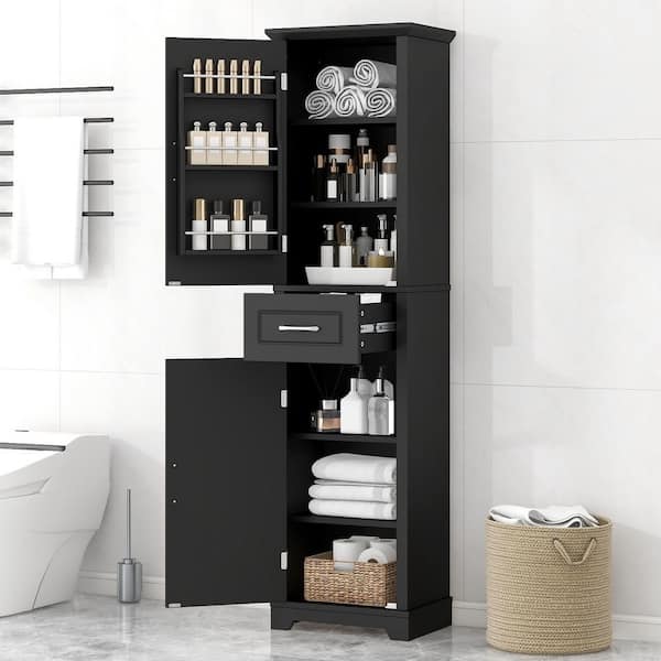 Black 72.5 in. Storage Cabinet with Drawer and Adjustable Shelves