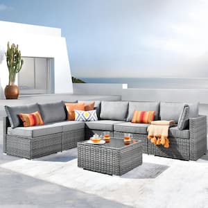 Daffodil D Gray 7-Piece Wicker Patio Conversation Sofa Set withDark Gray Cushions