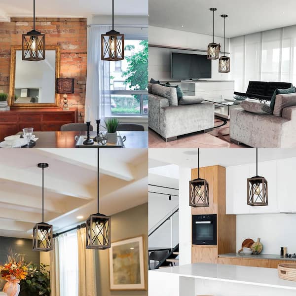 60-Watt Dining Room Adjustable Pipes Pendant Light with Bronze Wooden Grain Shade, Bulbs Not Included (2-Pack)