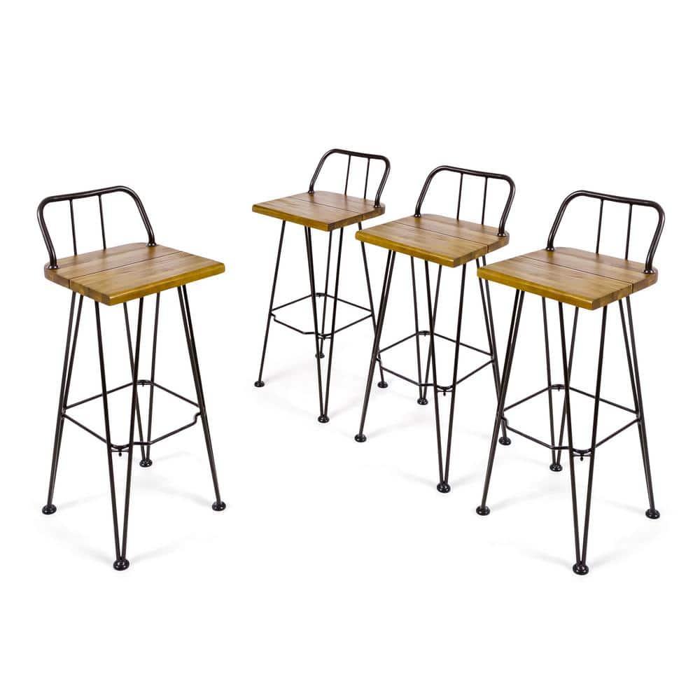 Rustic Metal & Teak Brown Acacia Wood Outdoor Barstool Set