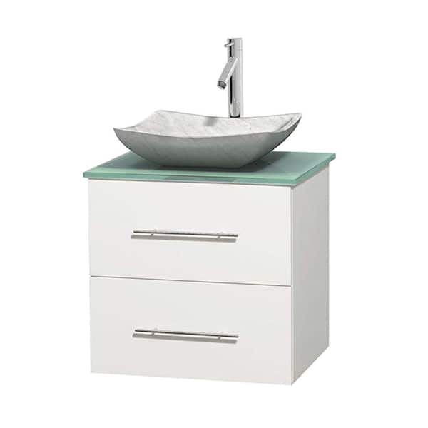 Wyndham Collection Centra 24 in. Vanity in White with Glass Vanity Top in Green and Carrara Sink