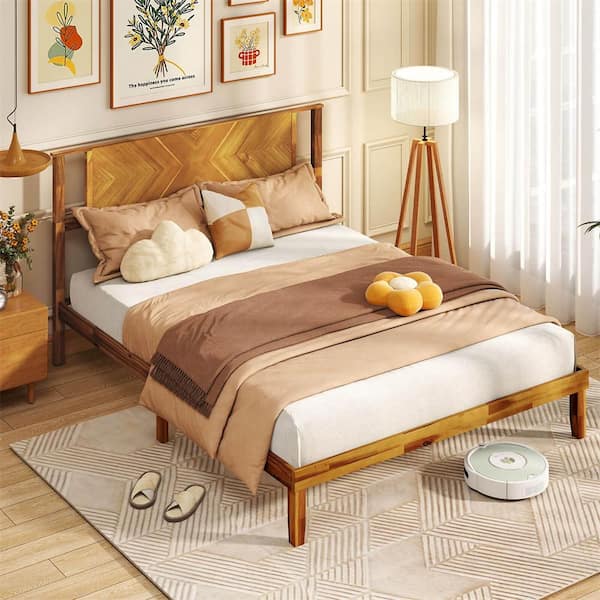 Rustic Golden Brown Wood Frame Queen Size Platform Bed with Headboard Under-Bed Space No Box Spring Needed