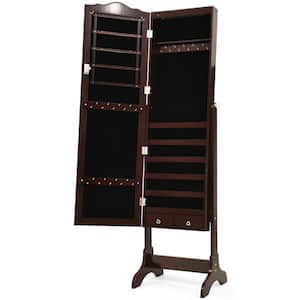 63 in. H x 14.5 in. D x 16.5 in. W Mirrored Jewelry Cabinet Armoire Storage Organizer with Drawer and LED Lights Brown