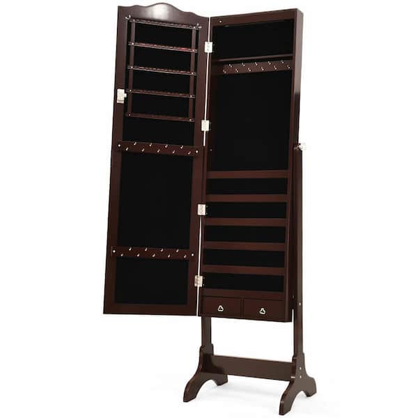 Gymax 63 in. H x 14.5 in. D x 16.5 in. W Mirrored Jewelry Cabinet Armoire Storage Organizer with Drawer and LED Lights Brown