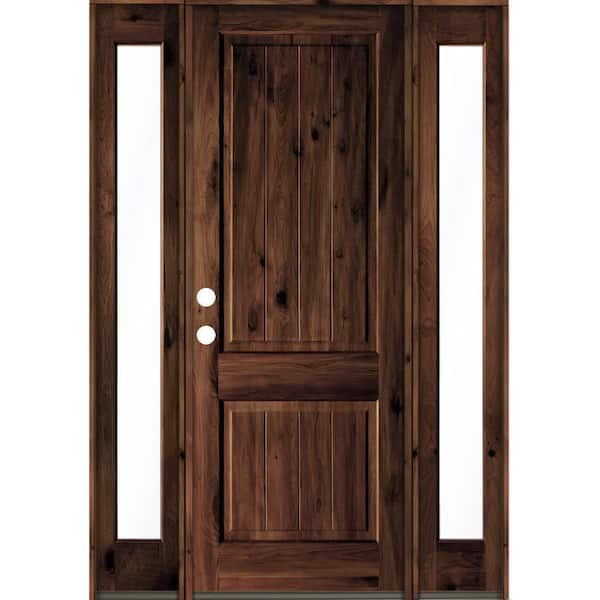 Krosswood Doors 64 in. x 96 in. Rustic Alder Square Top Red Mahogany Stained Wood with V-Groove Right Hand Single Prehung Front Door