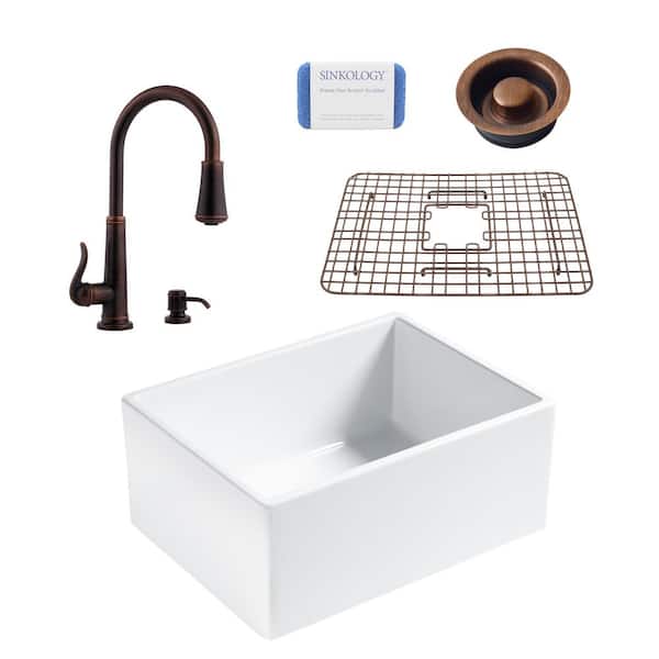 SINKOLOGY Wilcox All-in-One Farmhouse Apron Fireclay 24 in. Single Bowl Kitchen Sink with Pfister Bronze Faucet and Disposal Drain