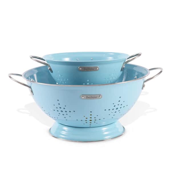 2 Pack Food-Safe Powder Coated Metal Colander Set, 1.5 QT / 6 QT Kitchen Strainers with Riveted Handles for Fruits, Blue