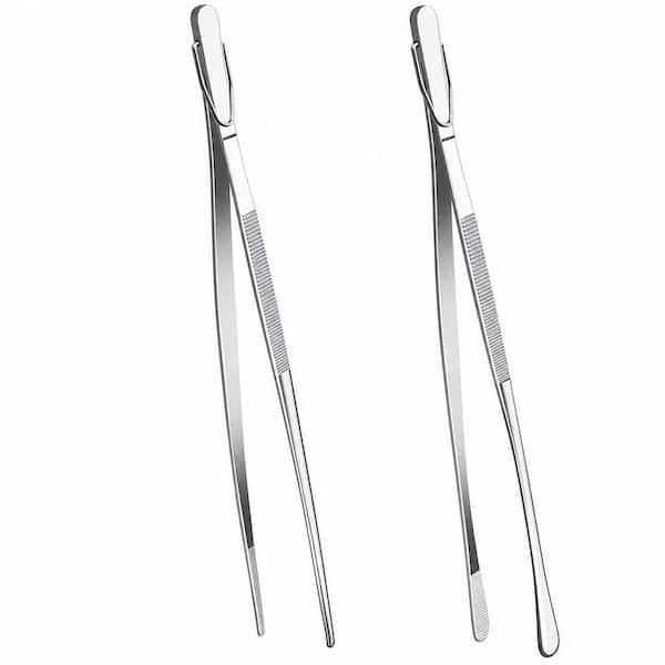 Silver 12 in. Extra‑Long Stainless Steel Kitchen Tweezers Tongs 2‑Pack for Cooking Grilling and Food Preparation