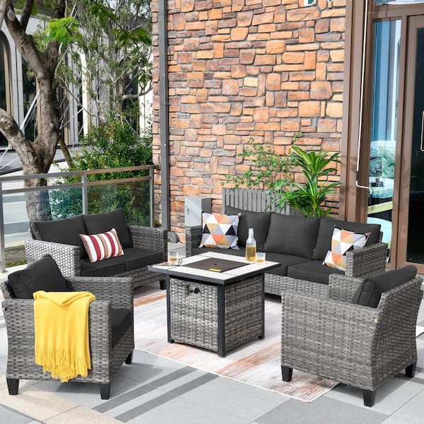 HOOOWOOO Mars Gray 5-Piece 7-People Wicker Patio Conversation Fire Pit Sofa Set with Black Cushions