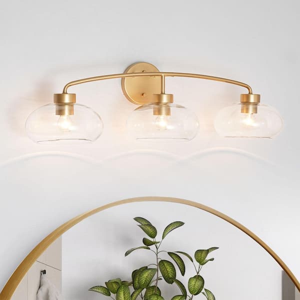 Rivn 31.5 in. 3-Light Brushed Gold Transitional Vanity Light with Clear Glass Shades, ETL Listed