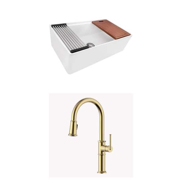 Fiore 33 in. White Fireclay Farmhouse Sink and Brushed Gold Pull Down Kitchen Faucet Combo