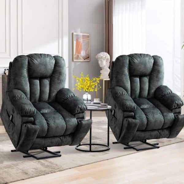 Set of 2- 40.6" W Grey Microfiber Oversize Power Lift Recliner Chair with Massage and Heating
