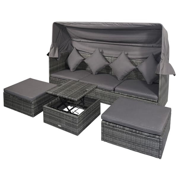 Outsunny Grey 4-Pieces Metal Plastic Rattan Outdoor Couch Sectional Set with Grey Cushions and Overhead Canopy