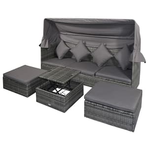 Grey 4-Pieces Metal Plastic Rattan Outdoor Couch Sectional Set with Grey Cushions and Overhead Canopy