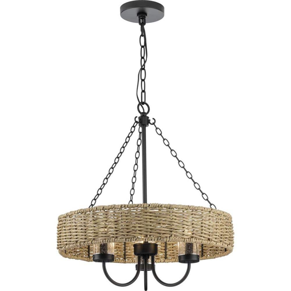 Pembroke Matte Black Outdoor Chandelier with Mocha Rattan and Seeded Glass