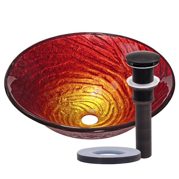 Novatto Misto Artisan Hand-Painted 16 in. Tempered Glass Vessel Bathroom Sink in Multi-Colored with Drain in Oil-Rubbed Bronze