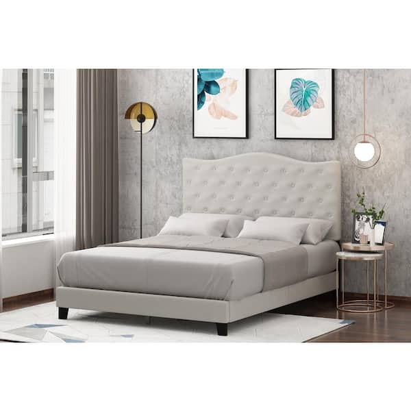 Furinno Lille White Linen Queen Tufted Bed Frame