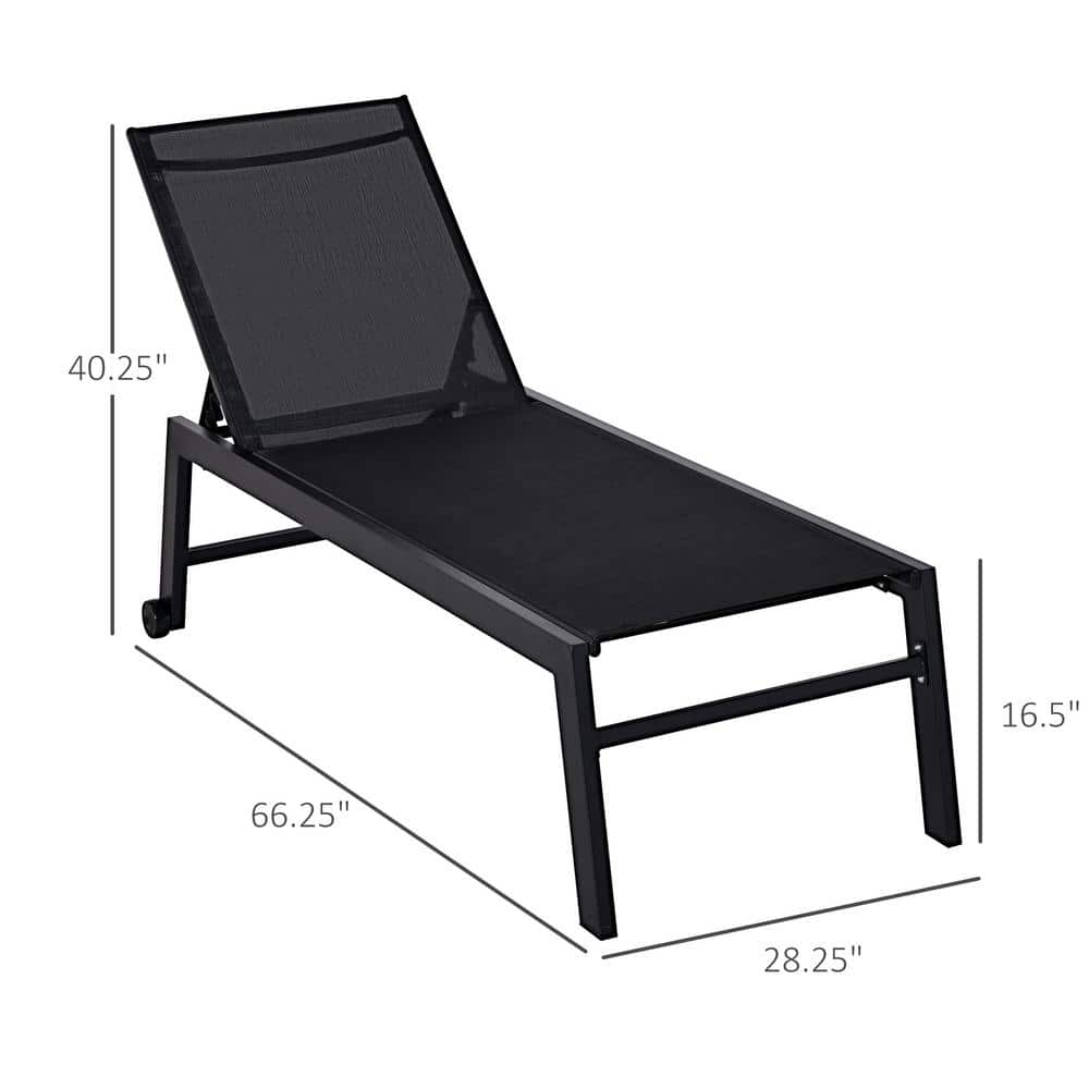 Coastal Breeze Black Outdoor Chaise Lounge with 5-Position Backrest and Wheels
