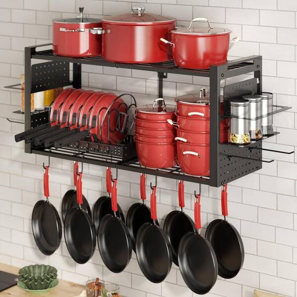 Heavy Duty Black Wall Mounted Pot Rack with 20 Movable S-Hooks, Detachable Spice Rack and Pan Organizer