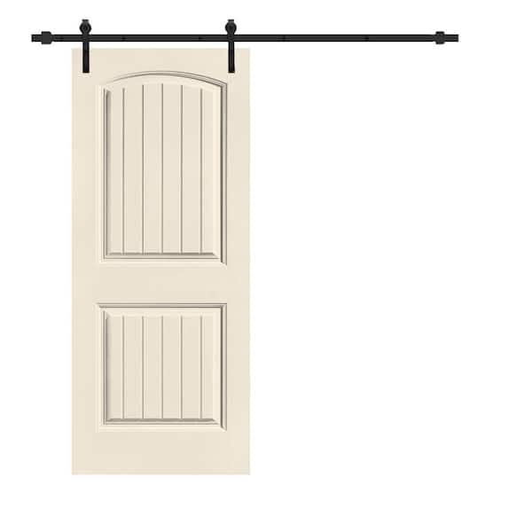 CALHOME Elegant 30 in. x 80 in. Beige Stained Composite MDF 2 Panel Camber Top Sliding Barn Door with Hardware Kit