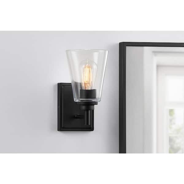 Hampton Bay Wakefield 5.25 in. 1-Light Matte Black Modern Wall Sconce with Clear Glass Shade
