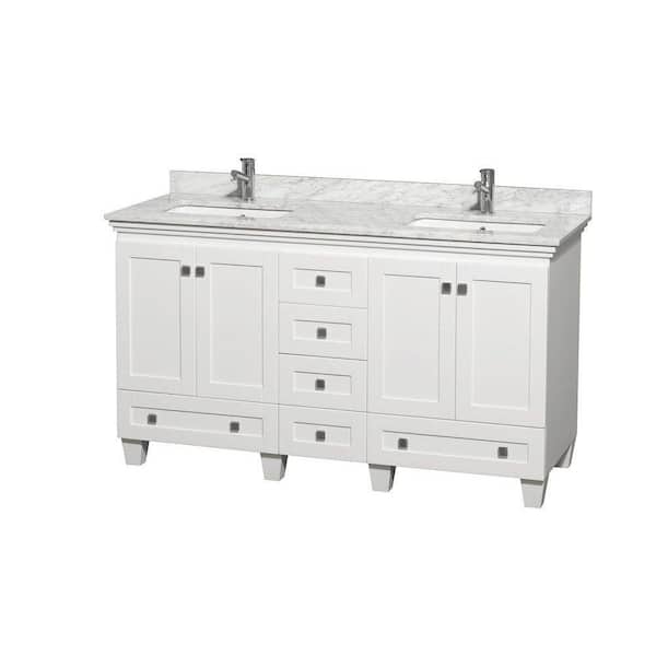 Wyndham Collection Acclaim 60 in. Double Vanity in White with Marble Vanity Top in Carrara White and Square Sink