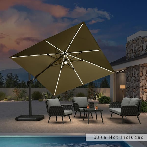 10 ft. Square Cantilever Umbrella Solar Powered LED Swivel Aluminum Offset 360° Rotation Umbrella in Beige