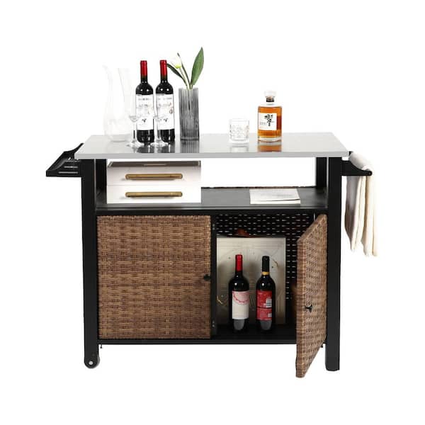 Brown Wicker Outdoor Bar with Stainless Steel Extended Top, Storage Cabinet, Wheels, and Side Handle