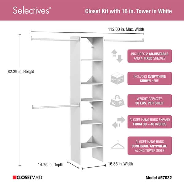 ClosetMaid 7032 Selectives 48 in. W – 112 in. W White Wood Closet ...