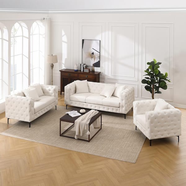 Morden Fort Modern 3 Piece Beige Faux Leather Sofa Loveseat and Chair Living Room Set With Button Tufted and Pillow G301 1 2 3